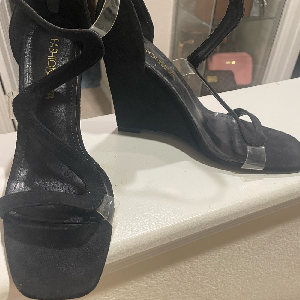 Fashion Nova Black Wedge Sandals with Silver Accents
